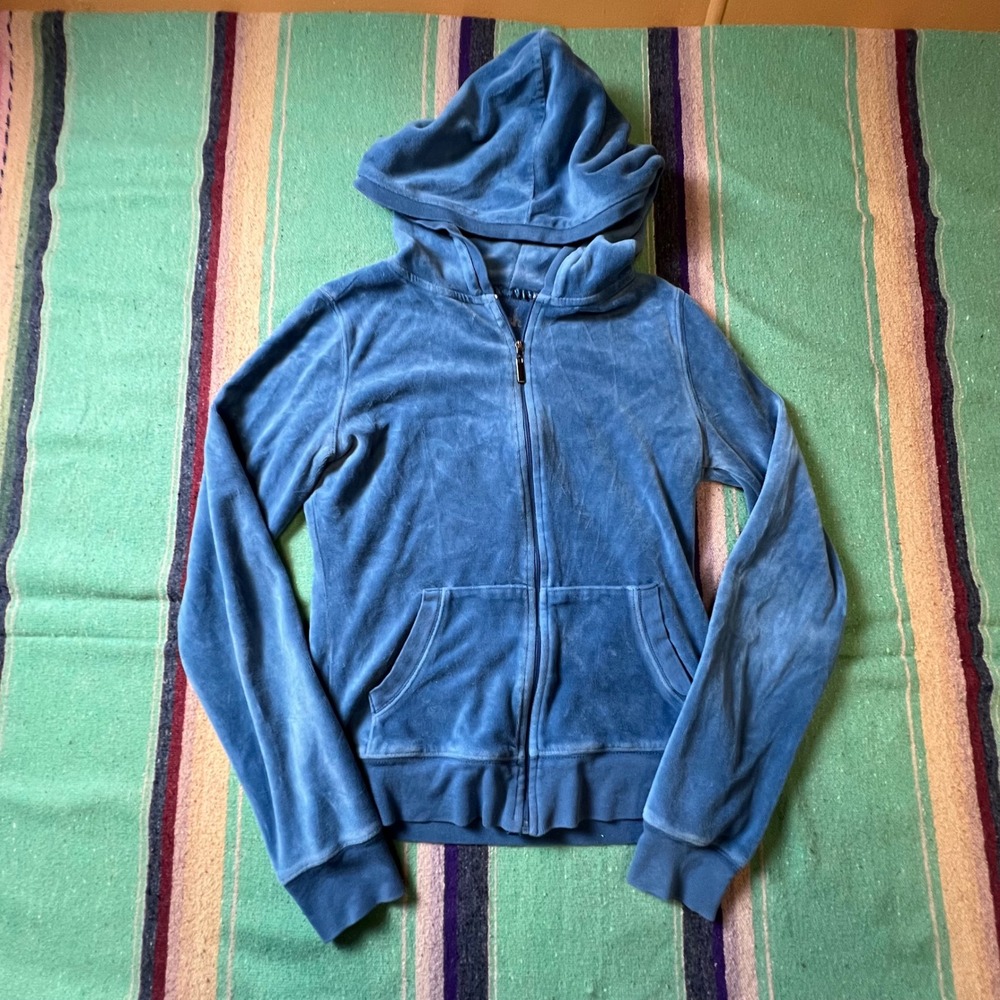 Plush & Lush Velour Hoodie Women XS Blue Zip Up Y2K Athleisure Soft Jacket